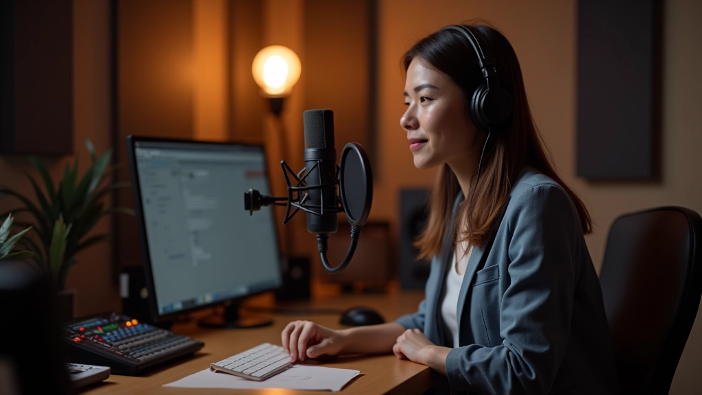 Estúdio de gravação profissional com equipamento de áudio, painel acústico e controles de som visíveis