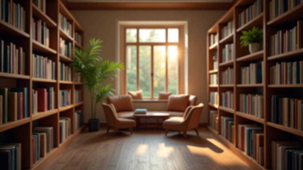 Biblioteca com prateleiras de livros bem organizados, luz natural filtrada pelas janelas criando sombras calorosas, ambiente acadêmico e inspirador