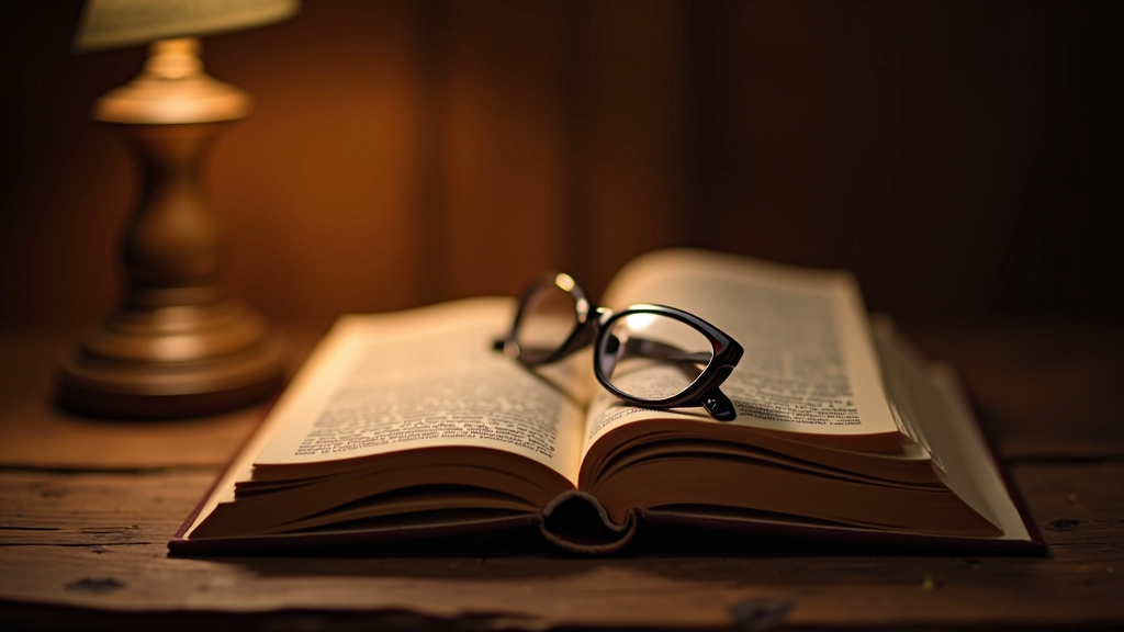 Livro antigo aberto sobre superfície de madeira rústica com óculos de leitura e luz quente de lâmpada