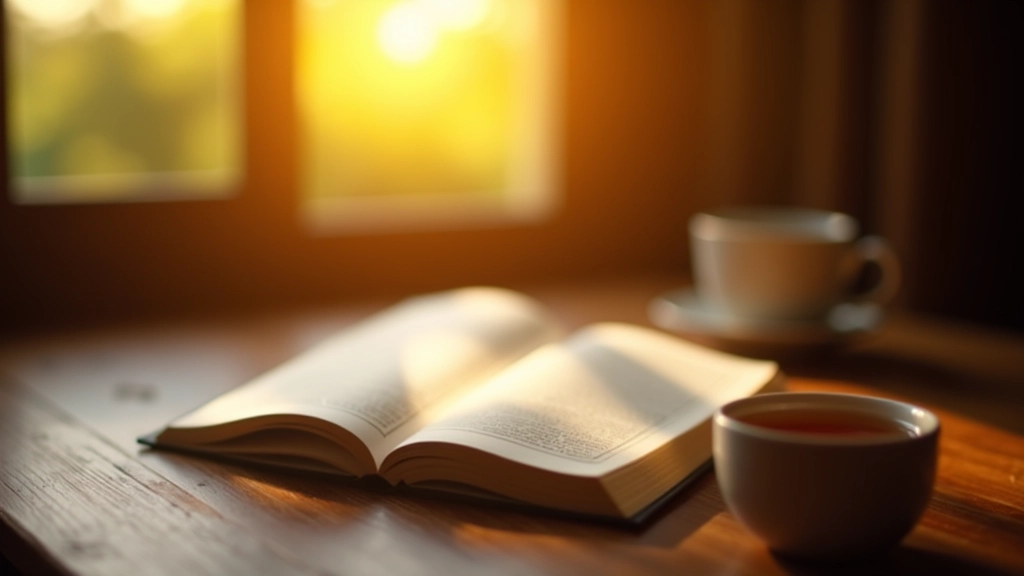Página de livro aberto com luz natural iluminando o texto e uma xícara de chá ao lado, ambiente aconchegante de leitura
