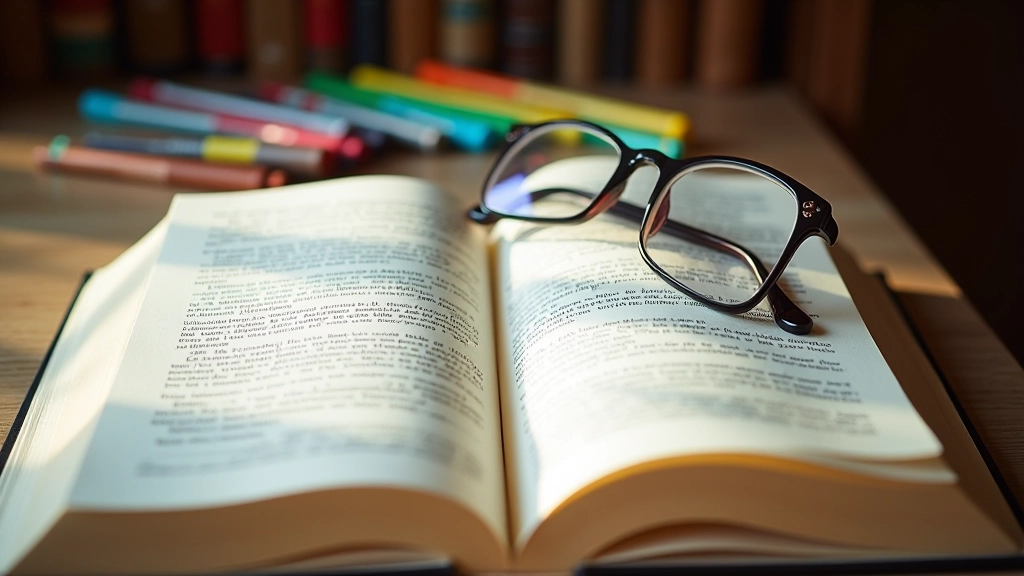 Página de livro com texto sublinhado com marcador colorido em ambiente de biblioteca