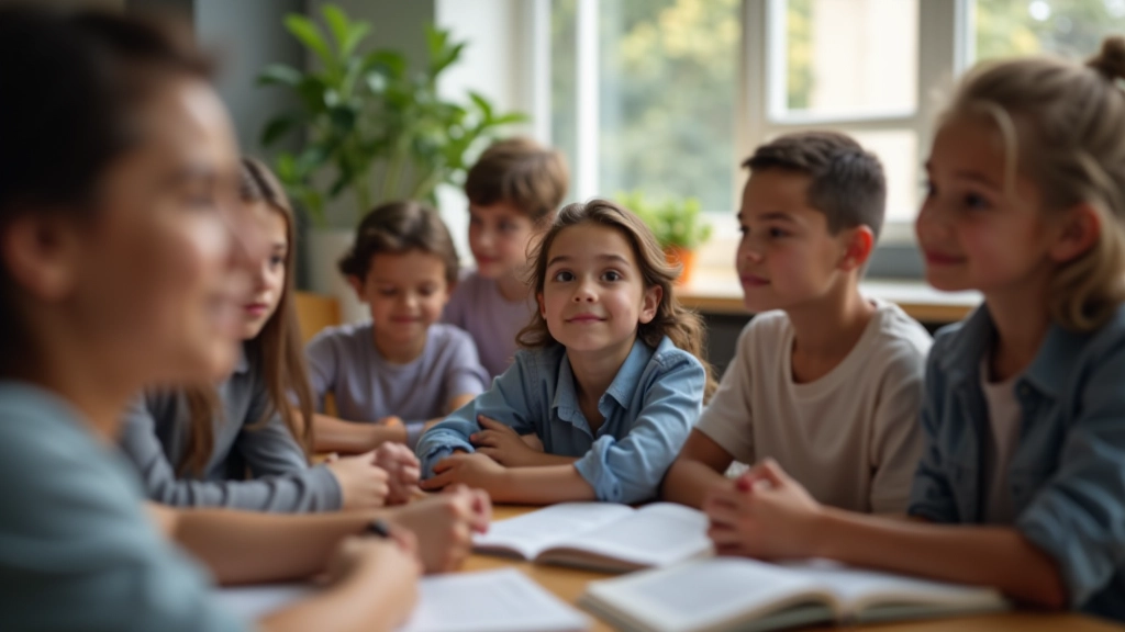 Estudantes em sala de aula moderna aprendendo narrativa em inglês